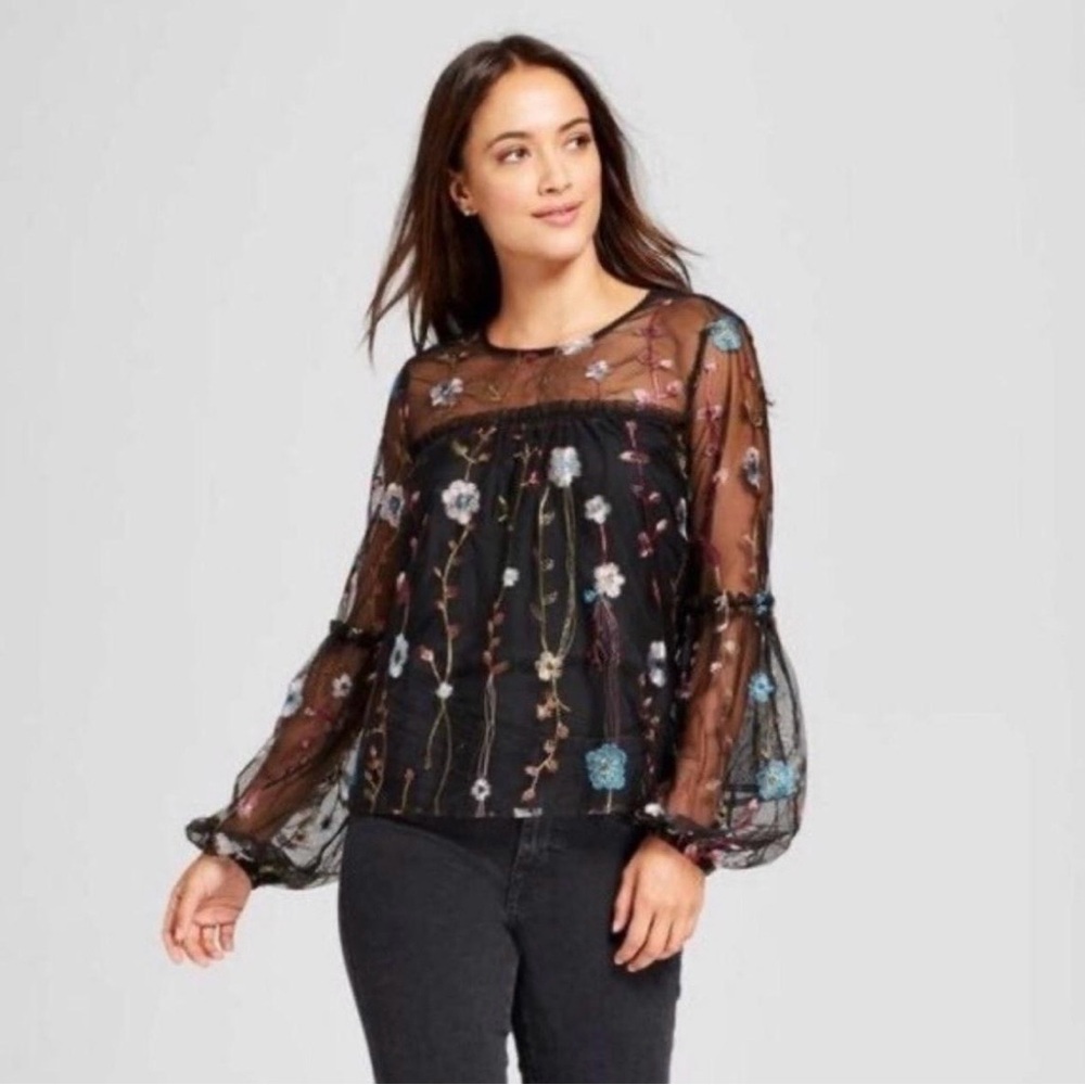 a new day Black Sheer Floral Blouse